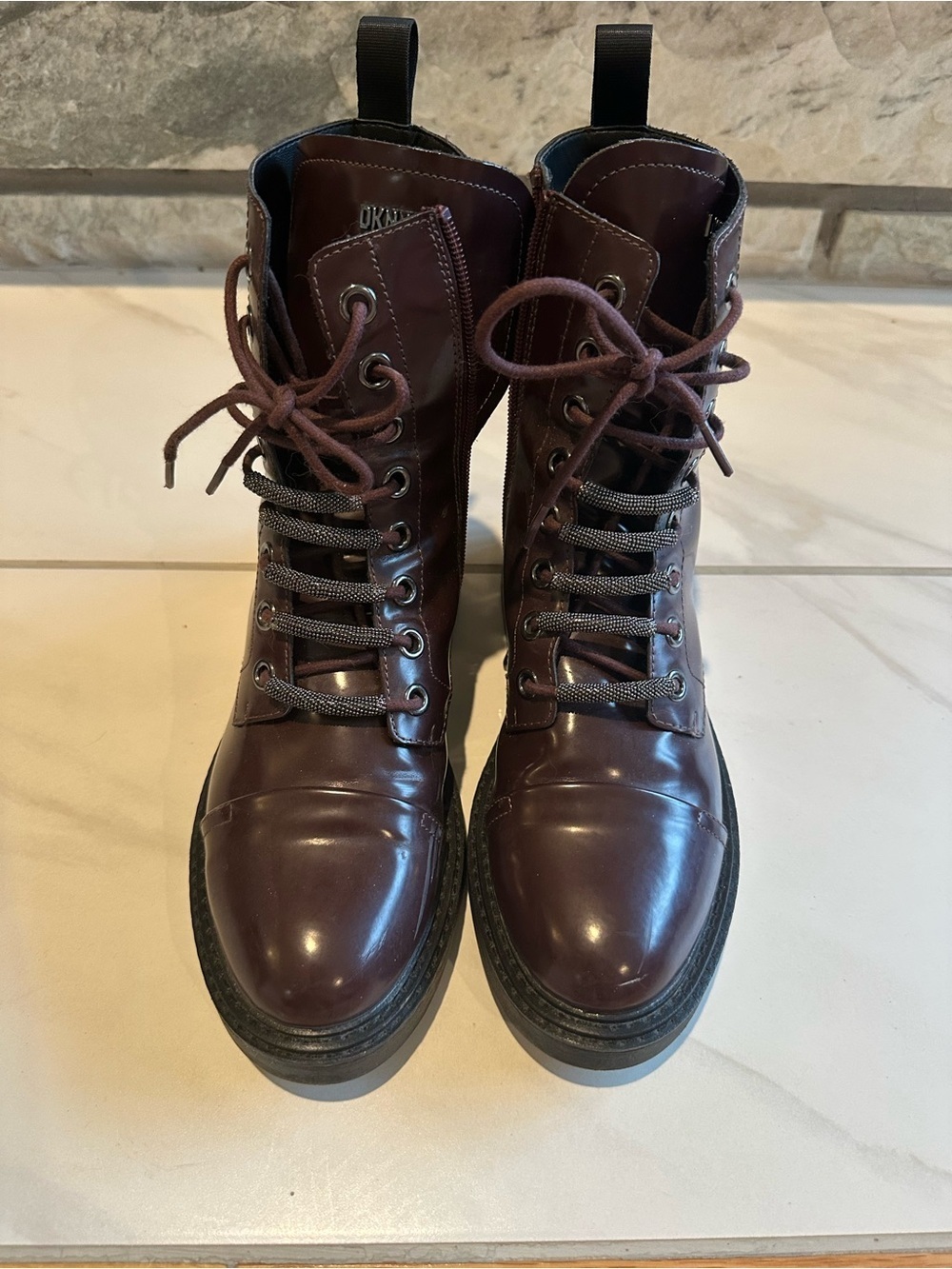 DKNY Malaya Boots Women's US 9.5 Burgundy Leather Cap Toe Combat